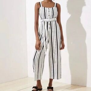 LOFT Black and White Striped Jumpsuit with Belted Waist